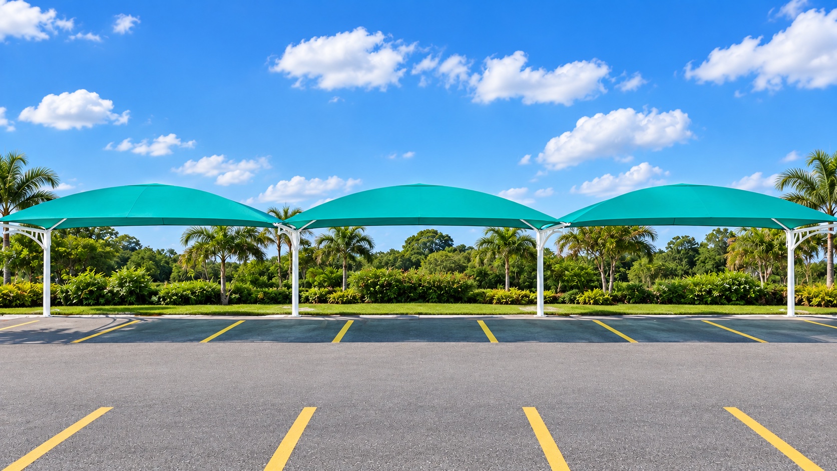 Três coberturas verdes de sombreamento em estacionamento, cercadas por vegetação